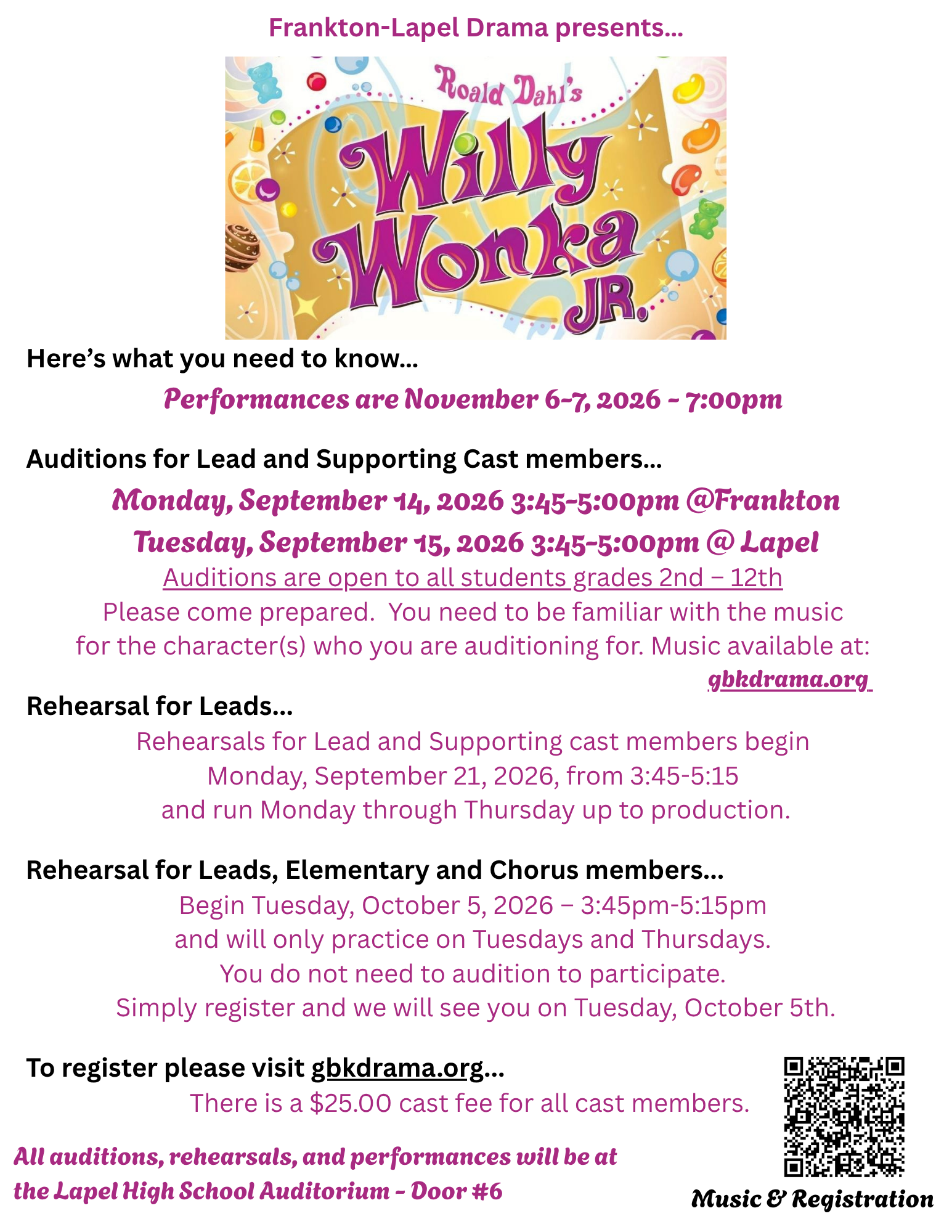Willy Wonka Jr. audition information